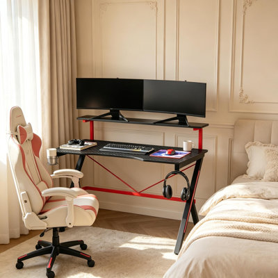 Modern Office Desk 47.3"L x 23.5"W x 38.3"H MDF+Metal 1 Piece Desk Black/Red Double Desktop