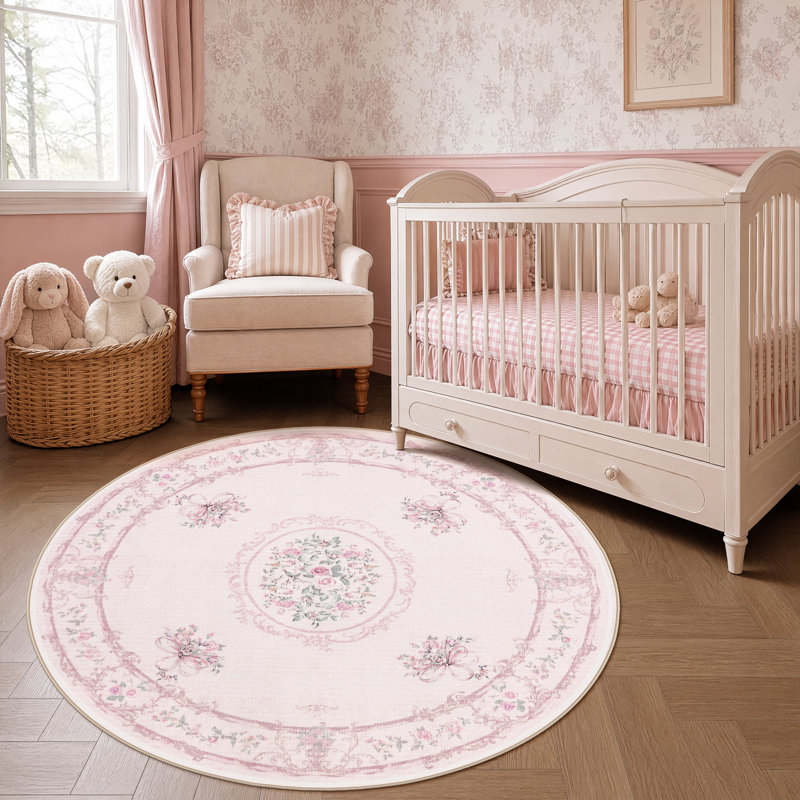 Tapis Boho Vintage, doux, floral, lavable, antidérapant, certifié Oeko-Tex, Light Pink, Round 4'