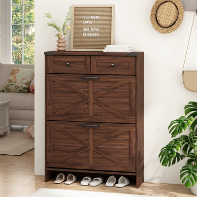 Farmhouse 16 Pair Shoe Cabinet with 2 Storage Drawers