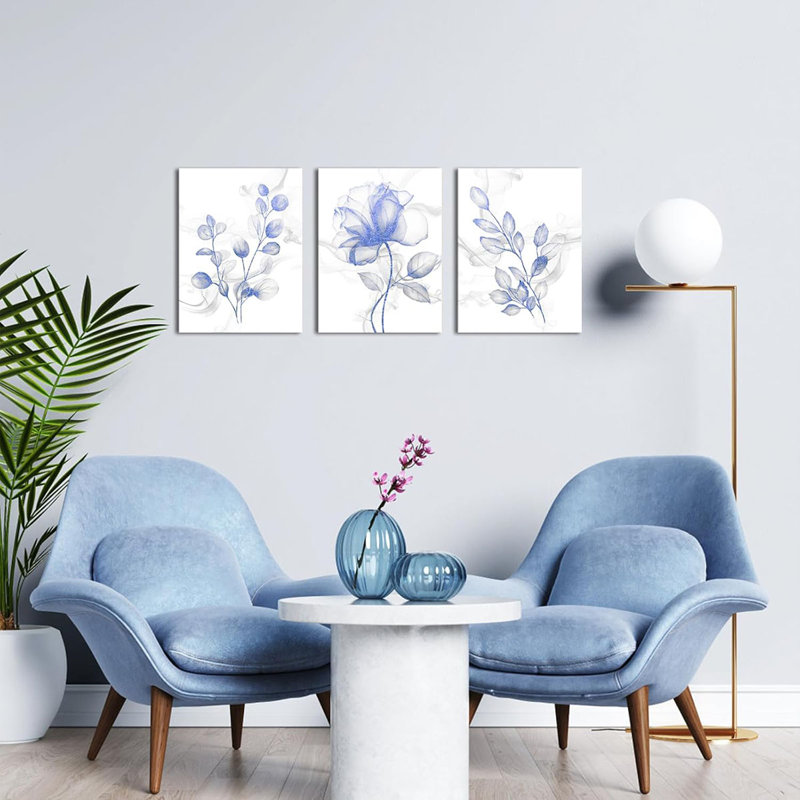 Abstract Flower Wall Art Flickering Floral Painting Pictures Decor Botanical Canvas Prints Modern Blue Bedroom Bathroom Decoration (Royal Blue)