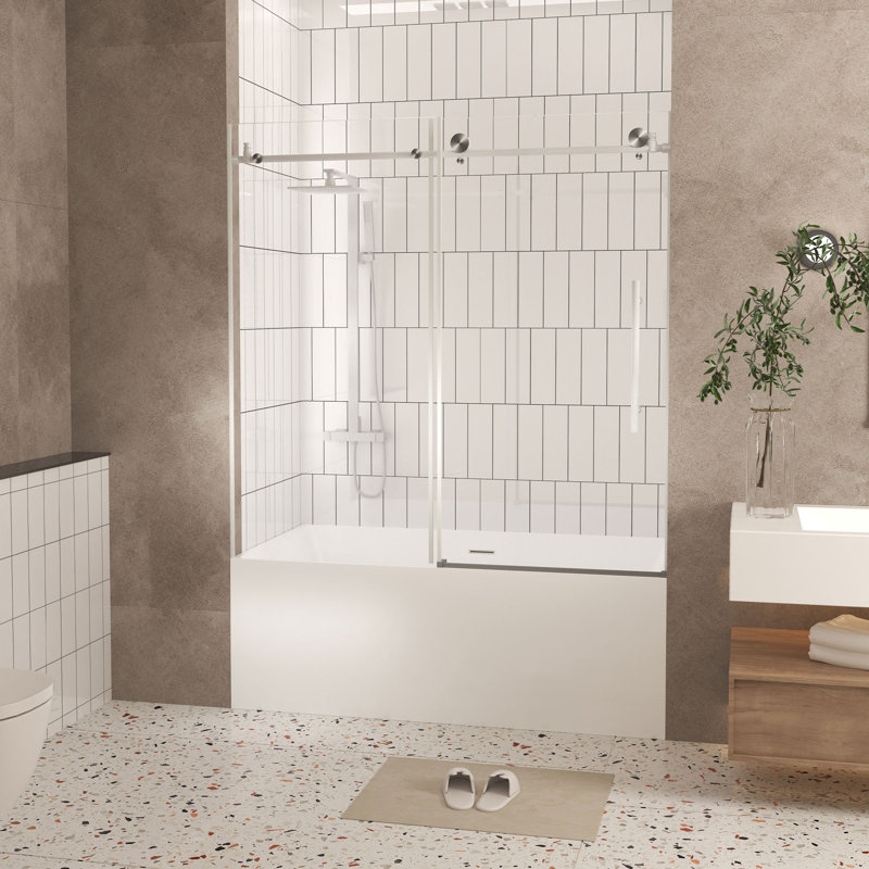 Frameless Shower Door 56-60 "W X 60" H, 1/4 "(6 Mm) Clear Tempered Glass, Explosion Proof Film, Stainless Steel Handle