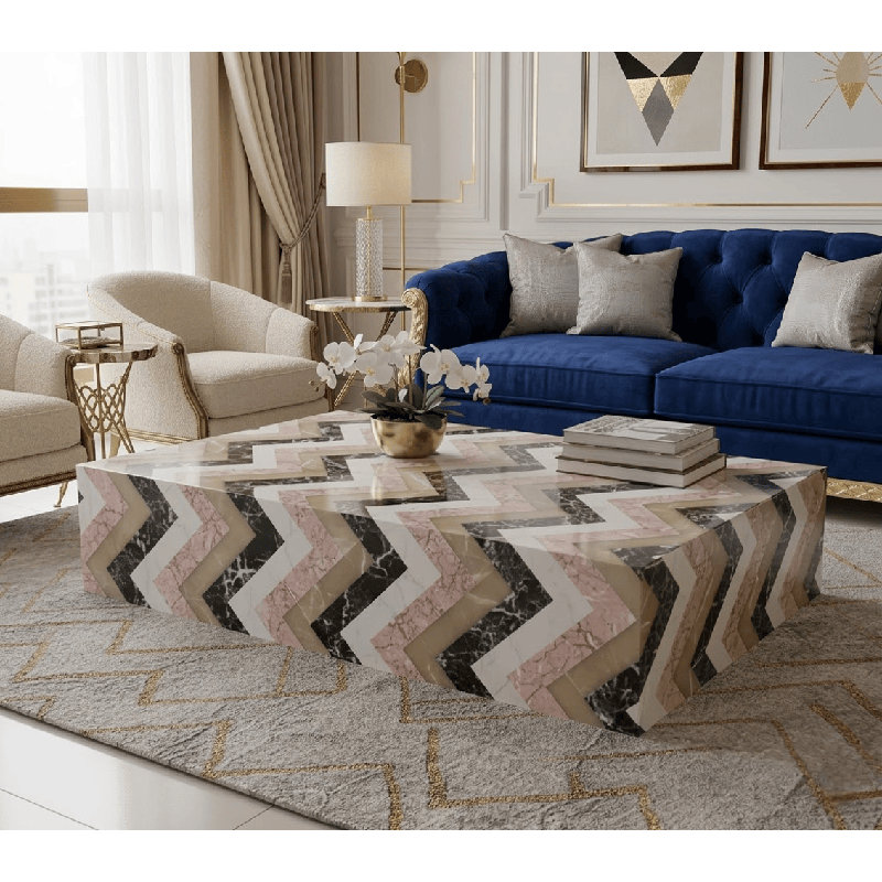 Genuine Marble Block Coffee Table - Herringbone Pattern Marble, 54" Extra Large