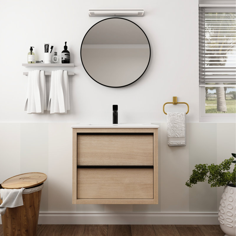 Meuble-lavabo moderne avec 2 tiroirs de rangement à fermeture en douceur et lavabo en céramique blanche - fixation murale pour armoire contemporaine Bva02524plo-G-Bl9060b (W1286s00034