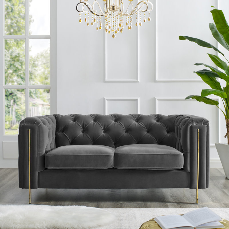 Maximiano 64.25" Velvet Square Arm Loveseat, Gray Velvet