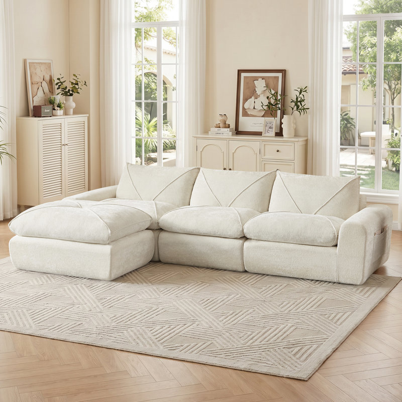 Boneless Modular Cloud Sectional Couches For Living Room, Oversized Compression Chenille Cloud Sofa, Beige Chenille