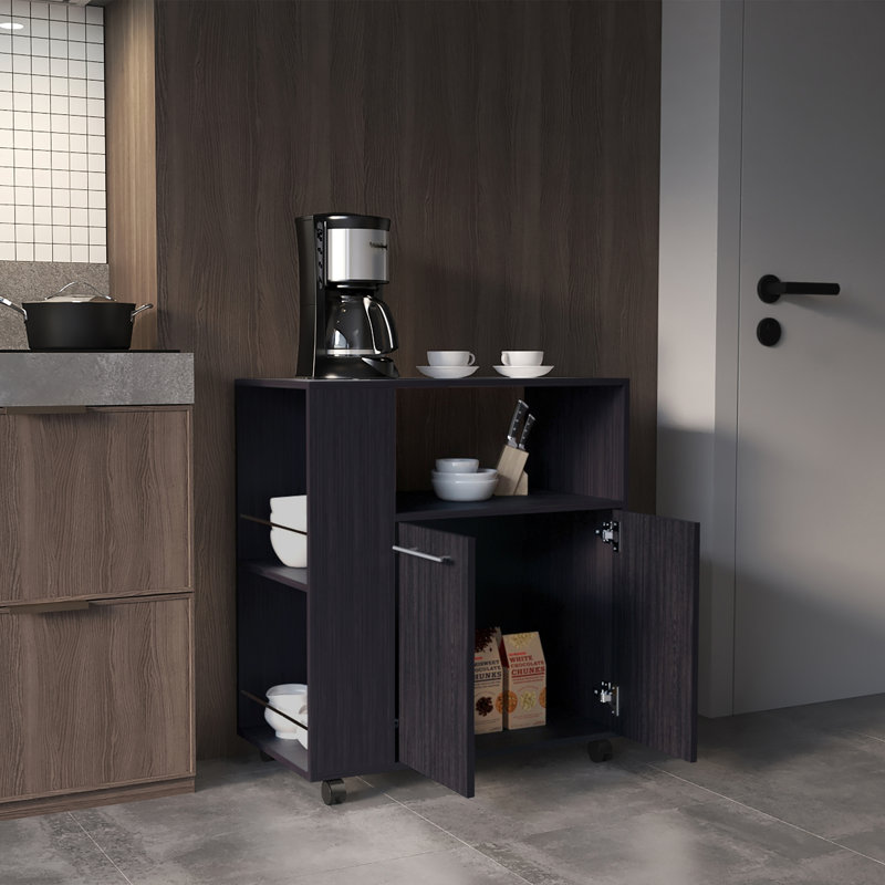 Modern Two-Door Kitchen Base Cabinet Cart with four Shelves, Side Shelves, Cabinet, Kitchen Storage Black Wengue, Black