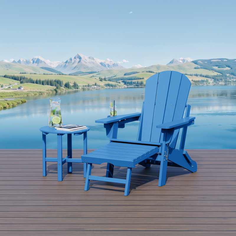 Outdoor Folding Adjustable Adirondack Chair With Hideaway Ottoman & Round Side Table, Pacific Blue
