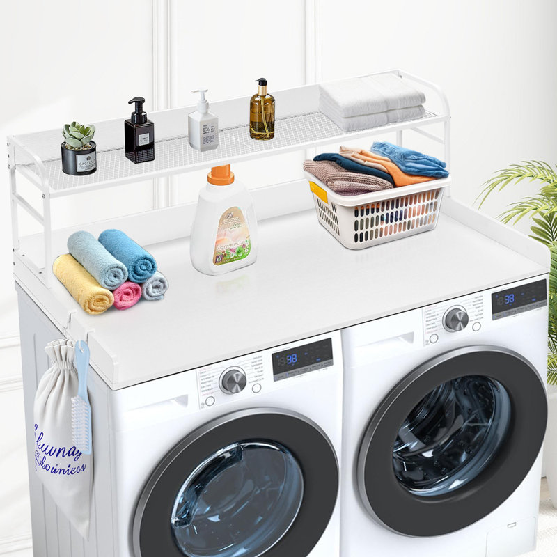2 Drawers Washer Dryer Countertop With 2-Tier Shelf, 54" X 27" Wooden Washer And Dryer Countertop With Non-Slip Pads, Water-Resistant Laundry Topper For Laundry Room Organization, Black