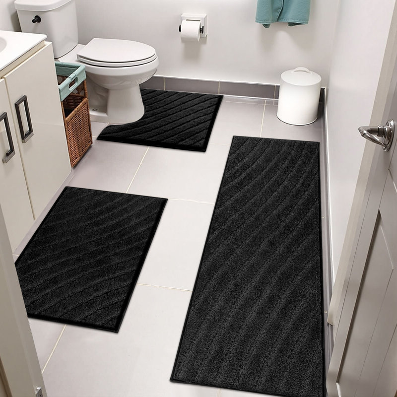 Absorbent Non-Slip Bathroom Mats (Set of 3), Black