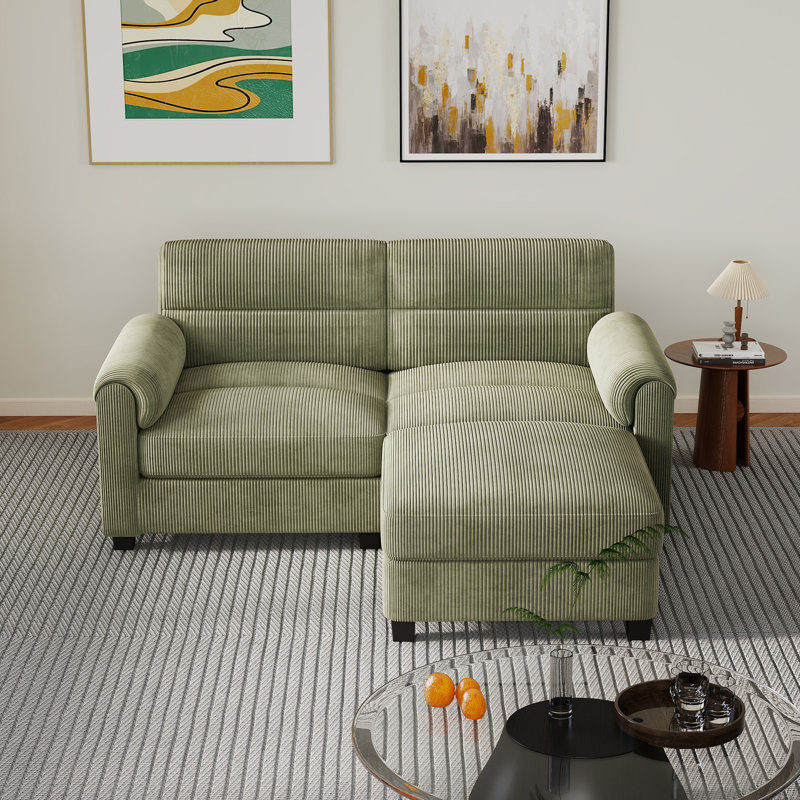61.8'' Corduroy Upholstered Modular Loveseat Sofa With Ottomans & Adjustable Pillowtop Arm, Green