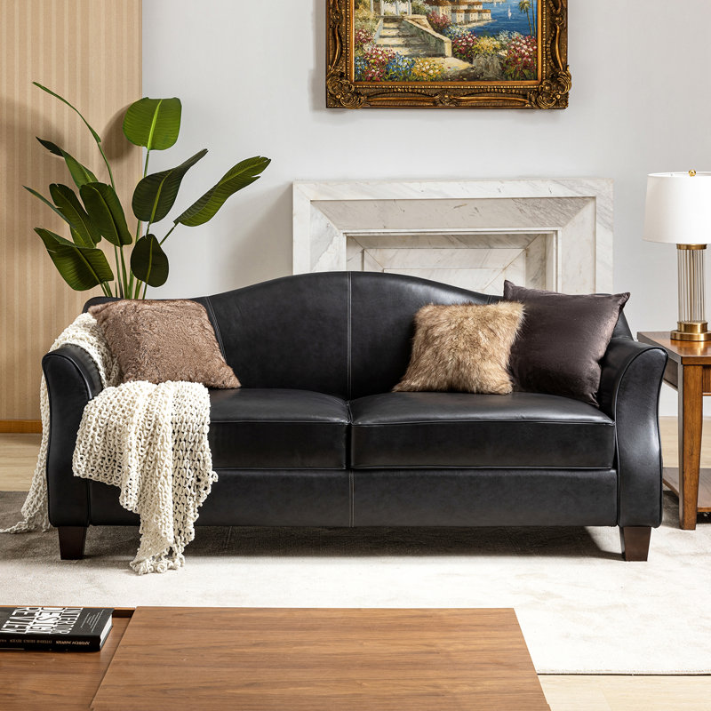Ashantae 81.5'' Traditional Genuine Leather Sofa with Solid Tapered Wood Legs, Black