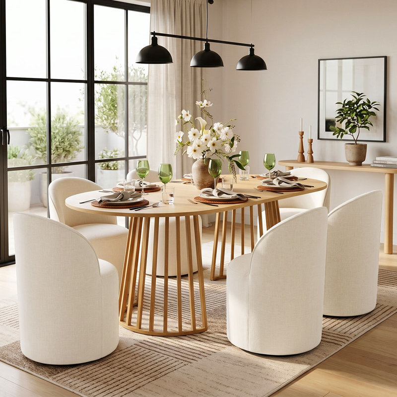 6 - Person Dining Table Sets With Extendabe Oval Table & 6 Upholstered Chenille Rolling Chairs, Beige