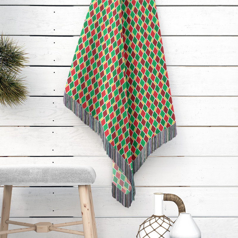 Hand Woven Throw Blanket, 50" W x 60" L, Geometric, Green/Red/Yellow