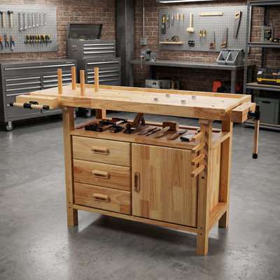 Banc de travail en bois au fini naturel - Table de travail spacieuse en bois d'hévéa de 50 po avec beaucoup de rangement
