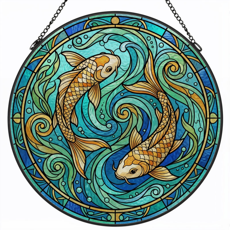 Koi Fish Stained Glass Window Panel,12"H, H 7,8 po