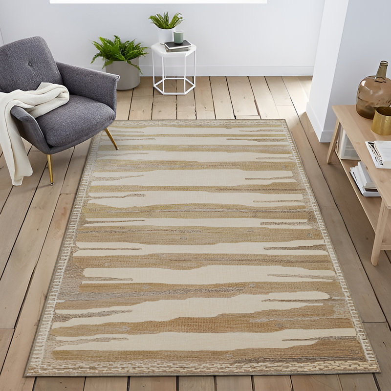 Tapis décoratif moderne à motif de lignes brunes, Rectangle 3 pi 9,81 po x 4 pi 11,06 po
