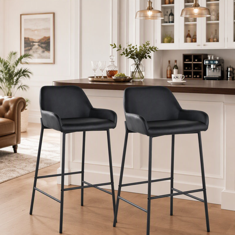 Tabouret de bar à hauteur fixe en métal et similicuir noir - ensemble de 2, Noir