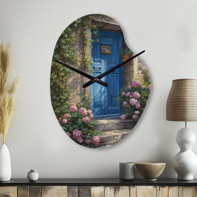 Blue And Pink Garden Door Gateway I - Pear Shape Decorative Blue Farm Door Floral Wall Clock