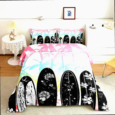 Tropical Waves Queen Comforter Set - Abstract Surfboard Print Bedding with Flowers, Coconut Trees, Beach Luxury Duvet Insert & 2 Pillowcases