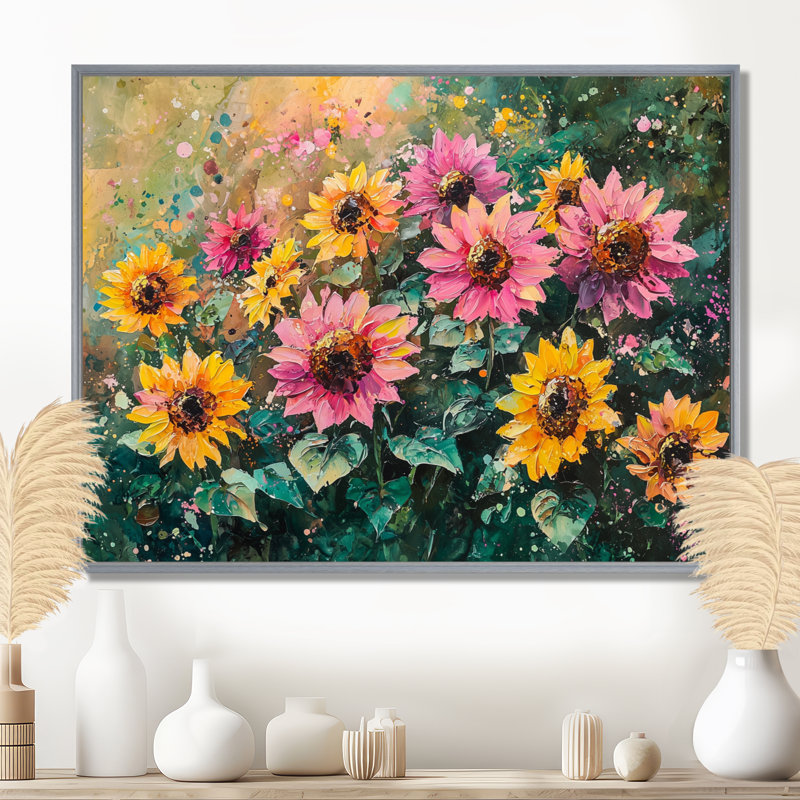 Doreon Spring Symphony of Pink Sunflowers II - art mural tournesols, Argent argent, H 12 po x l 20 po