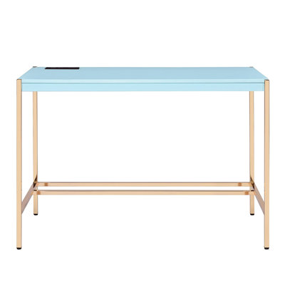 Blue Rectangular Writing Desk With Gold Base And Port, Fixed Design, High Glossy Finish, White Wooden Top Open Metal Structure, 42 Inches Deep Ports, Configuration, 30 In Height
