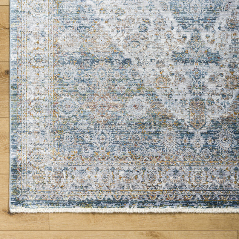 Tapis oriental bleu foncé en viscose / polyester / acrylique tissé à la machine, Rectangle 9 pi x 12 pi