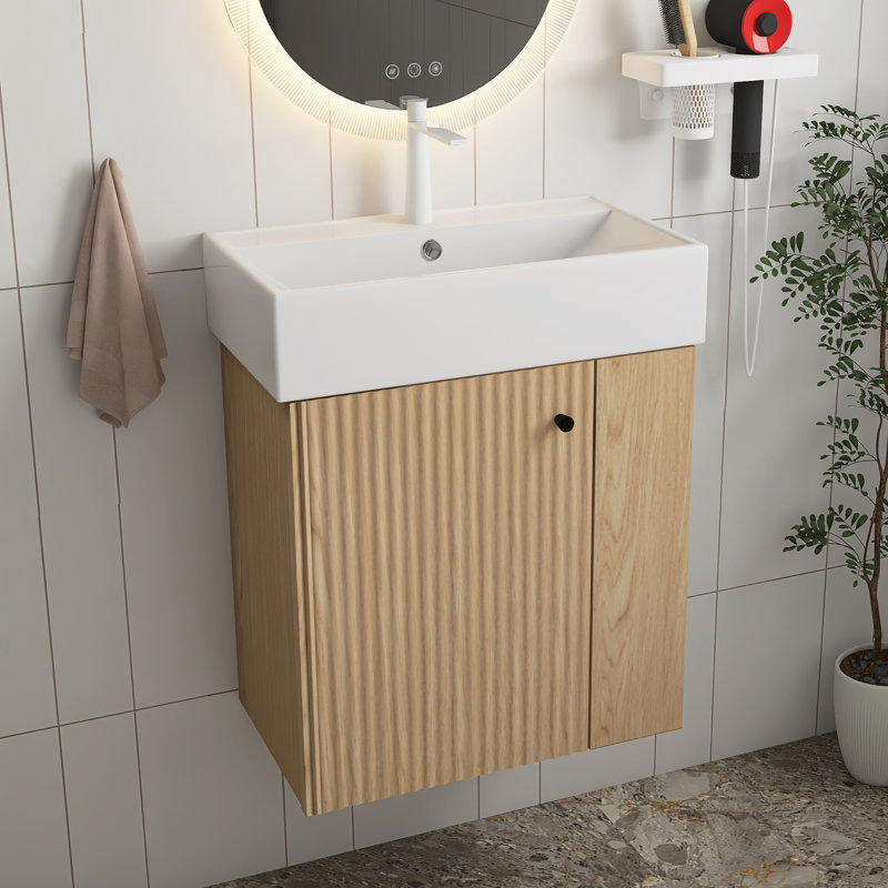 21.6" Floating Bathroom Vanity With Ceramic Basin And Right Side Storage In Wood