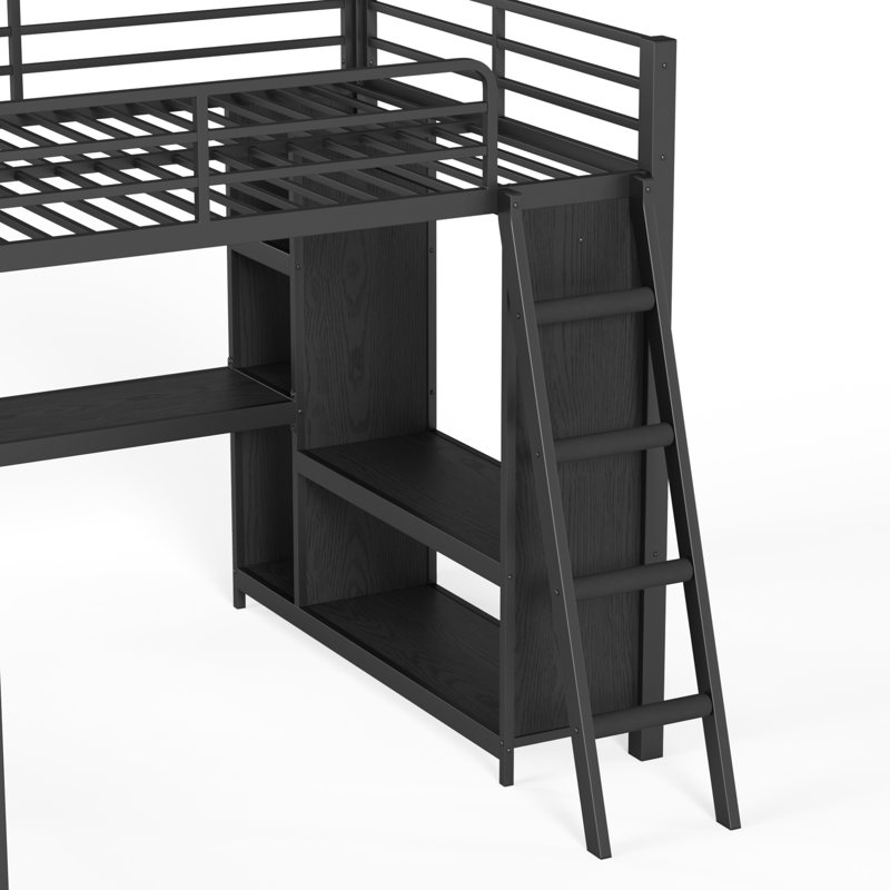 Twin XL Over Twin XL L-Shaped Metal Bunk Bed With Full Loft Bed, Desk And Wardrobe