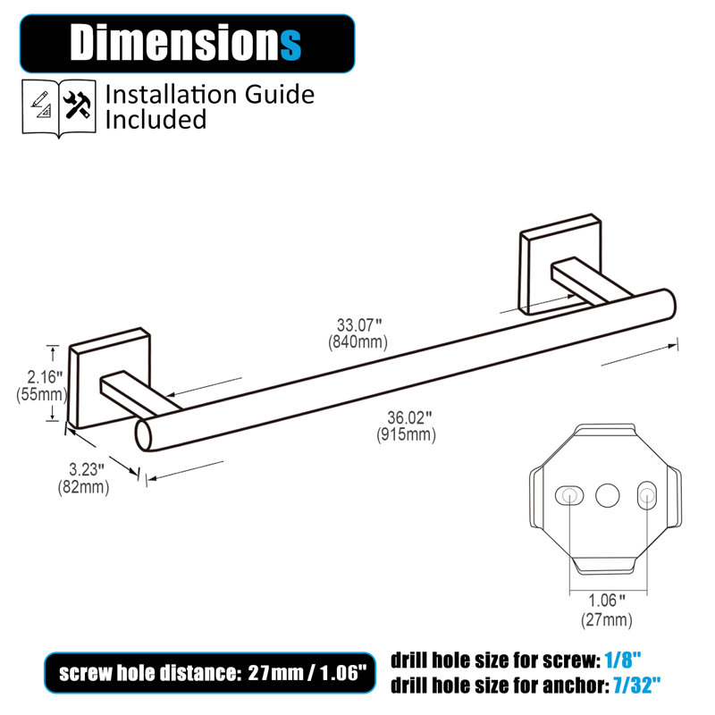 Barre à serviettes murale 36 ", Chrome poli