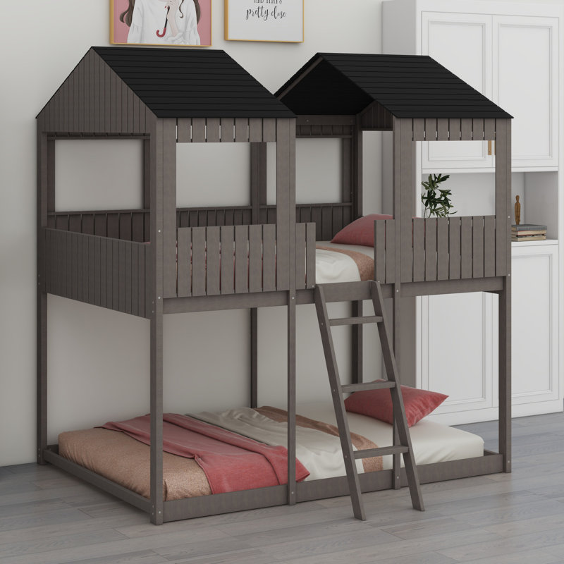 Wood Bunk Bed With Roof, Window, Guardrail, Antique Gray