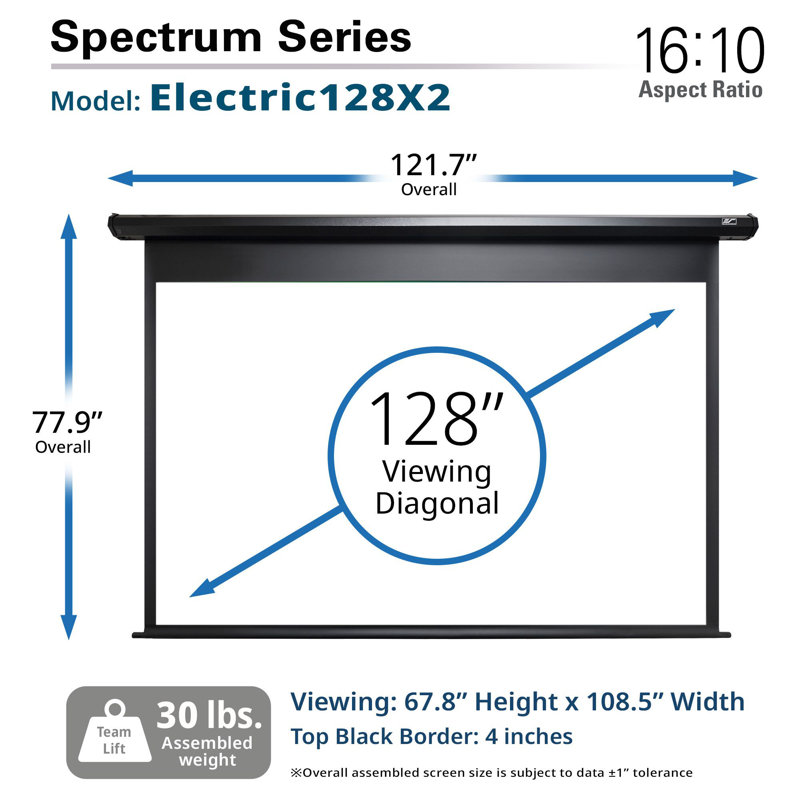 Spectrum Series 128” diag. 16:10 electric wall/ceiling projection screen with black casing.
