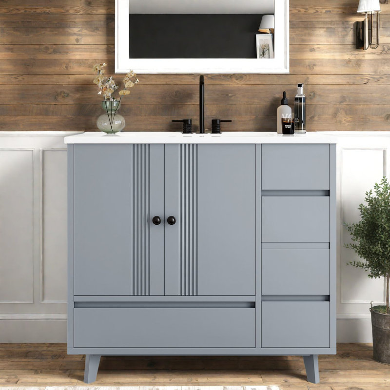 Meuble-lavabo peu encombrant avec lavabo en céramique, style gris moderne