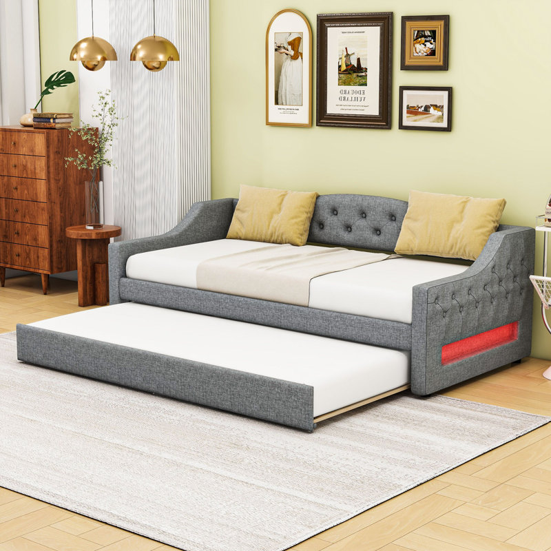 Twin XL Upholstered Daybed with LED Belt and Twin XL Trundle, Gray