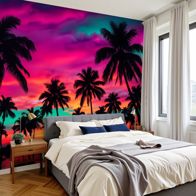 Papier peint Neon Peel and Stick Vibrant Tropical Sunset Silhouetted Palm Trees, L 144 po x l 100 po