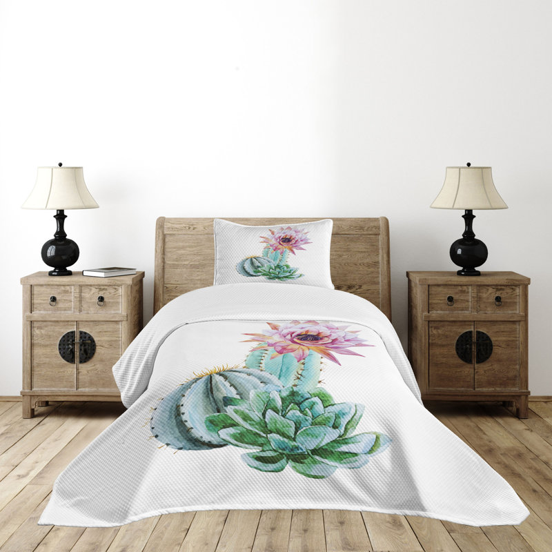 White Quilted Twin Bedspread Set with Cactus Print