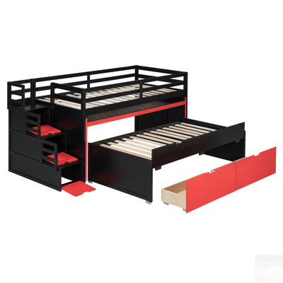 Lit mezzanine avec bureau coulissant et lit gigogne simple, lit superposé multifonctionnel avec 2 tiroirs de rangement et marches, jeu de lit et station de travail peu encombrants