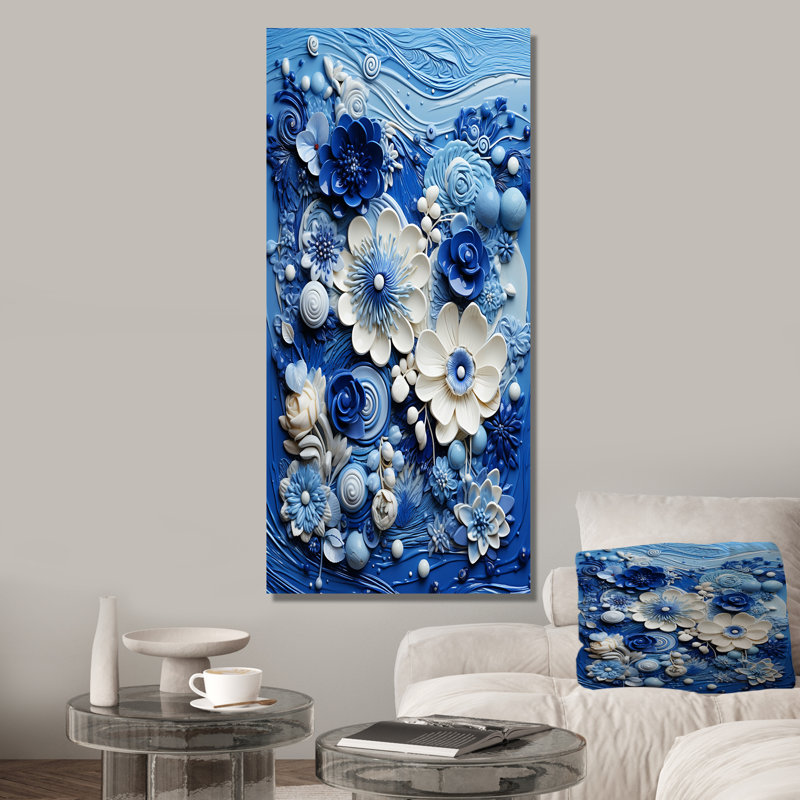 «Blue and White Botanical Tiles II» - art mural botanique, Toile tendue, H 60 po x l 40 po