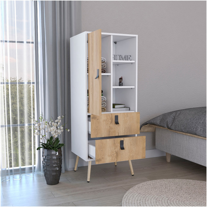 Commode haute Huna, unité avec porte, 2 tiroirs et tablettes ouvertes