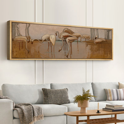 Art Nouveau Flamingos in Marsh Large Framed Canvas Print Wall Art - Retro Animal Decor