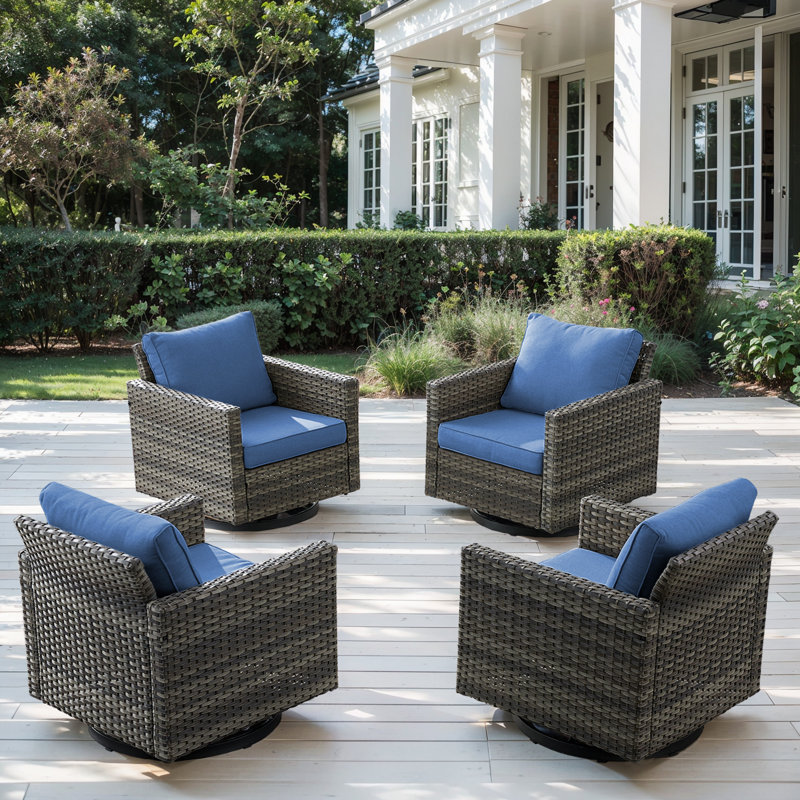 Ingvald Swivel Rocking Patio Wicker Chairs with Cushions (Set of 4), Blue, Gray