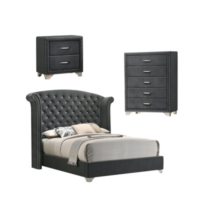 Chantel Grey 3-Piece Upholstered Queen Bedroom Set with Chest -  CDecor Home Furnishings, 223158Q-S3C
