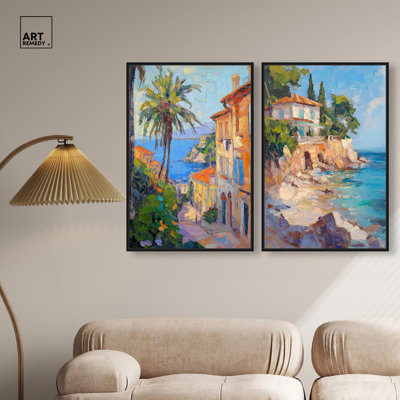 «Teal and Coral Coastal Escape Duo», impression sur toile par Art Remedy, cadre noir, 20 x 30