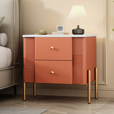 Table de chevet moderne avec 2 tiroirs de rangement, table de chevet cannelée avec poignées et pieds en métal doré, table de bout pour le salon et la chambre à coucher, assemblage facile, orange