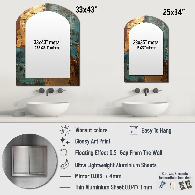 Kintsugi Retro Glam Vintage Gold On Turquoise - Geometric Asymmetrical Unique Wall Mirror Decor, Gold Arch Large Mirror, Printed Metal Art
