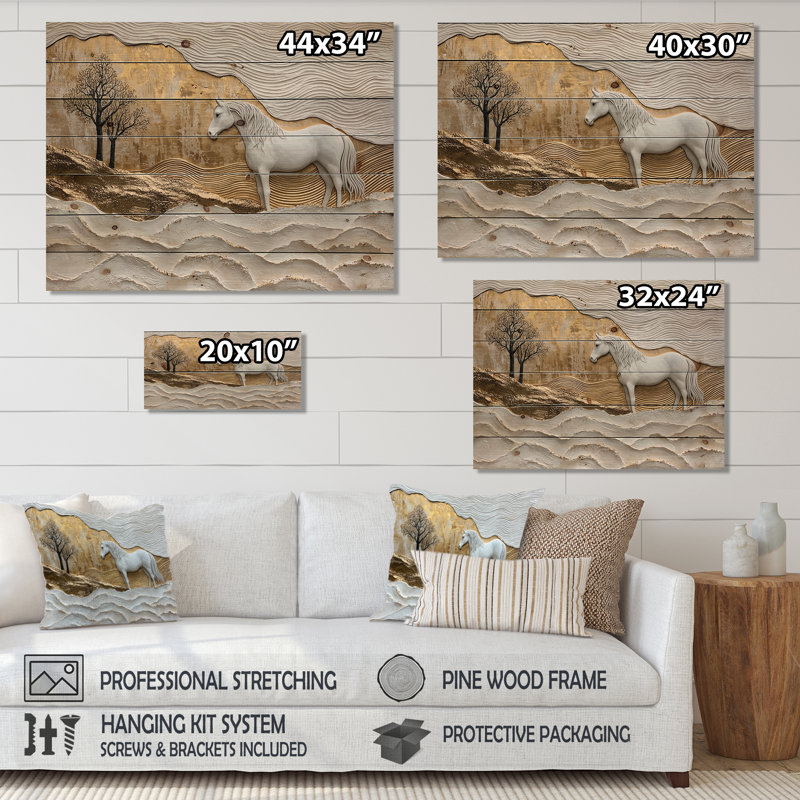 Cheval, rivière, rivière, horizon, cavalier I - décoration murale cheval en bois - bois de pin naturel, H 34 po x l 44 po
