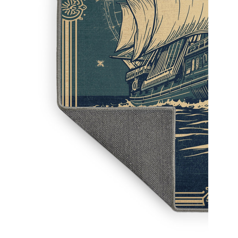 Tapis gris moelleux moelleux à motif de voiliers de style rétro, 2 x 5