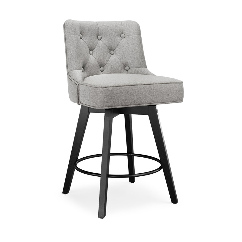 Tabouret de comptoir pivotant rembourré avec structure en bois massif, Lin gris