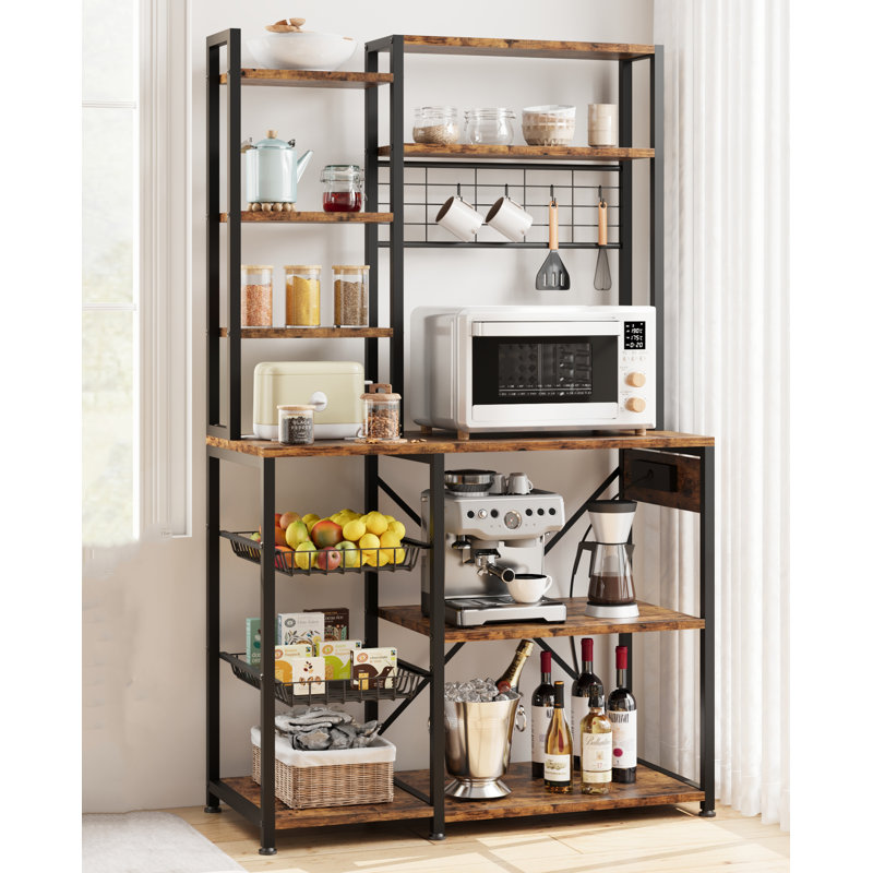 Bakers Rack With Power Outlet,7-tier Kitchen Bakers Rack With Large Storage, Brown