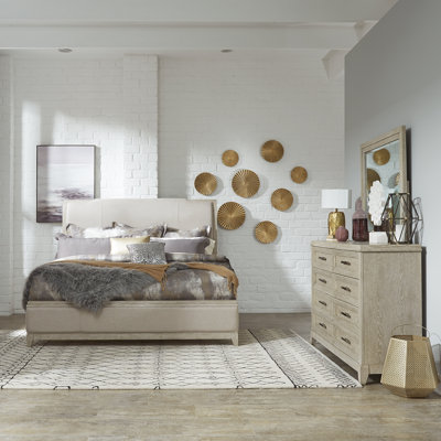 California King Upholstered Bed, Dresser & Mirror