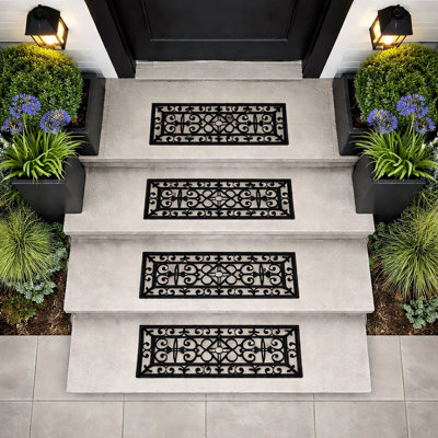 Pack of 4  Rubber Stair Treads - Non-Slip, Weather-Resistant, Elegant Scrollwork Design